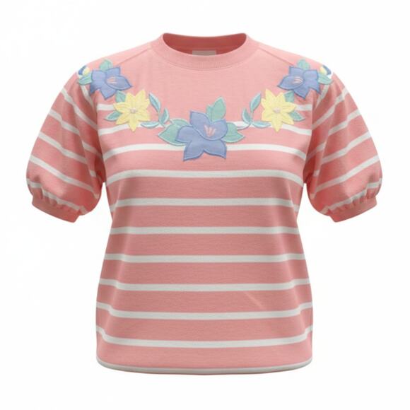 90s ALFRED DUNNER Vintage Pink White Striped Floral Embroidered Tee NWT - Picture 1 of 9
